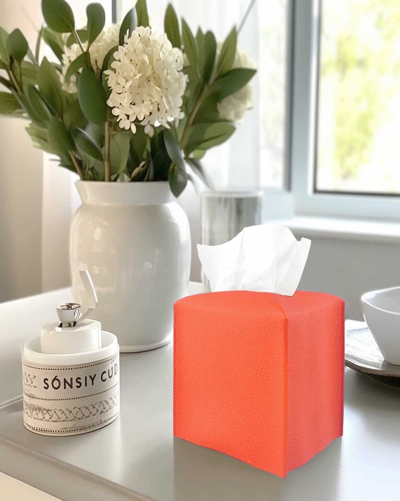 JESMINI Orange Tissue Box Cover Square - Tissue Box Holder with Bottom Belt [JESMINI] Modern PU Leather Tissue Holder for Home Fall Decoration - Image 4